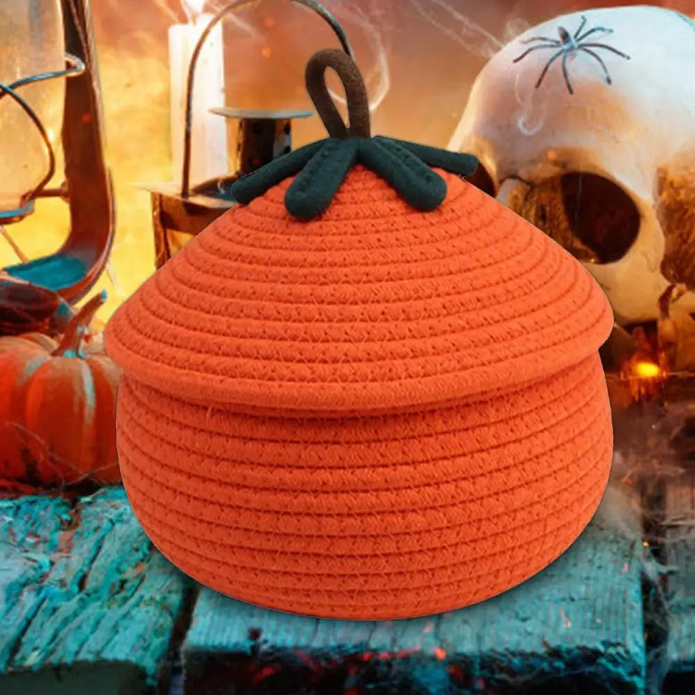 Halloween-Kürbis, gewebter Korb, Halloween-Kürbiskorb mit staubdichtem Deckel, saisonales Dekor, Heimorganisation, Behälter, süßer Korb – Detail 7