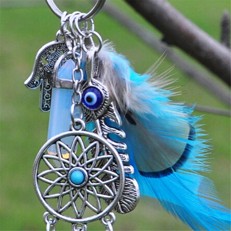 Dreamcatcher Keyring Bag Tassel Charm Fashion Boho Jewelry Feather Keychain Opal Stone Artilady  For Ladies Metal