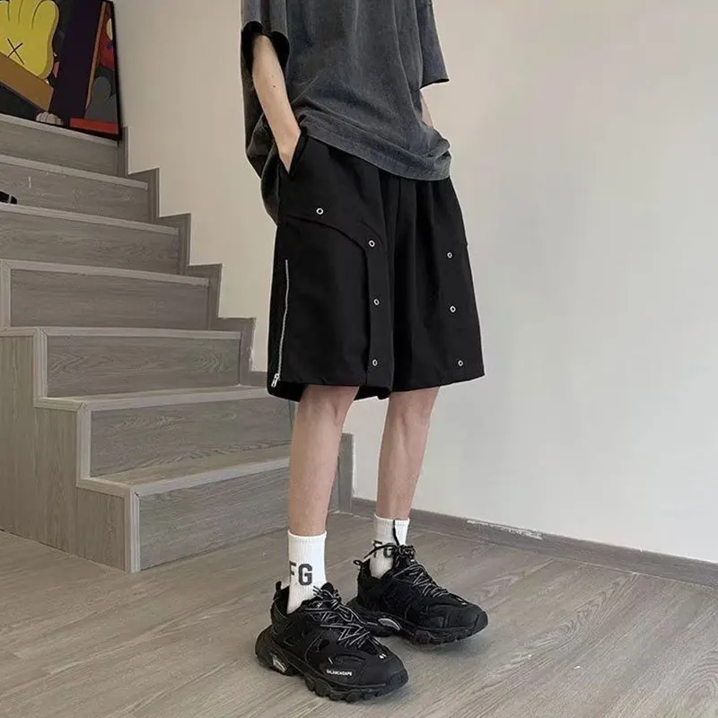 Summer Elegant Fashion Harajuku Slim Fit Ropa Hombre Loose All Match Casual Shorts Solid Zipper Pockets Straight Cylinder Shorts