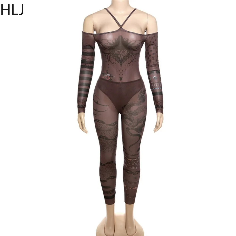 HLJ Sexy Print Mesh Perspective Halter Bodycon Jumpsuits Women Off Shoulder Long Sleeve Backless Playsuit Lady Nightclub Overall