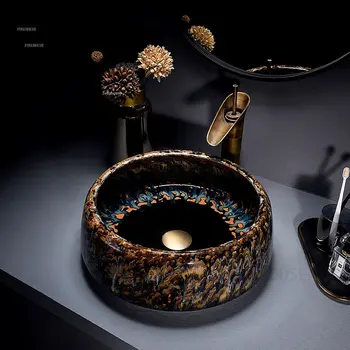 Light Luxury Hotel Bathroom Sinks Retro Ceramic Washing Sink Art Countertop Basin Designer Kiln Change Glaze Bathroom Washbasins