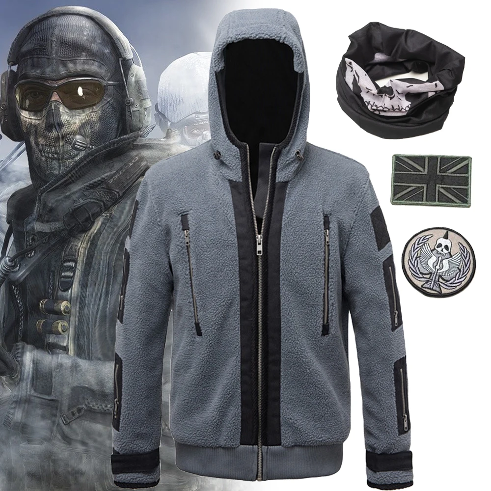 

Game TF141 Ghost Cosplay Hoodie Unisex Grey Sweatshirt Costume Zipper Plush Jacket Coat Winter Warm Team Combat Suit Clothing