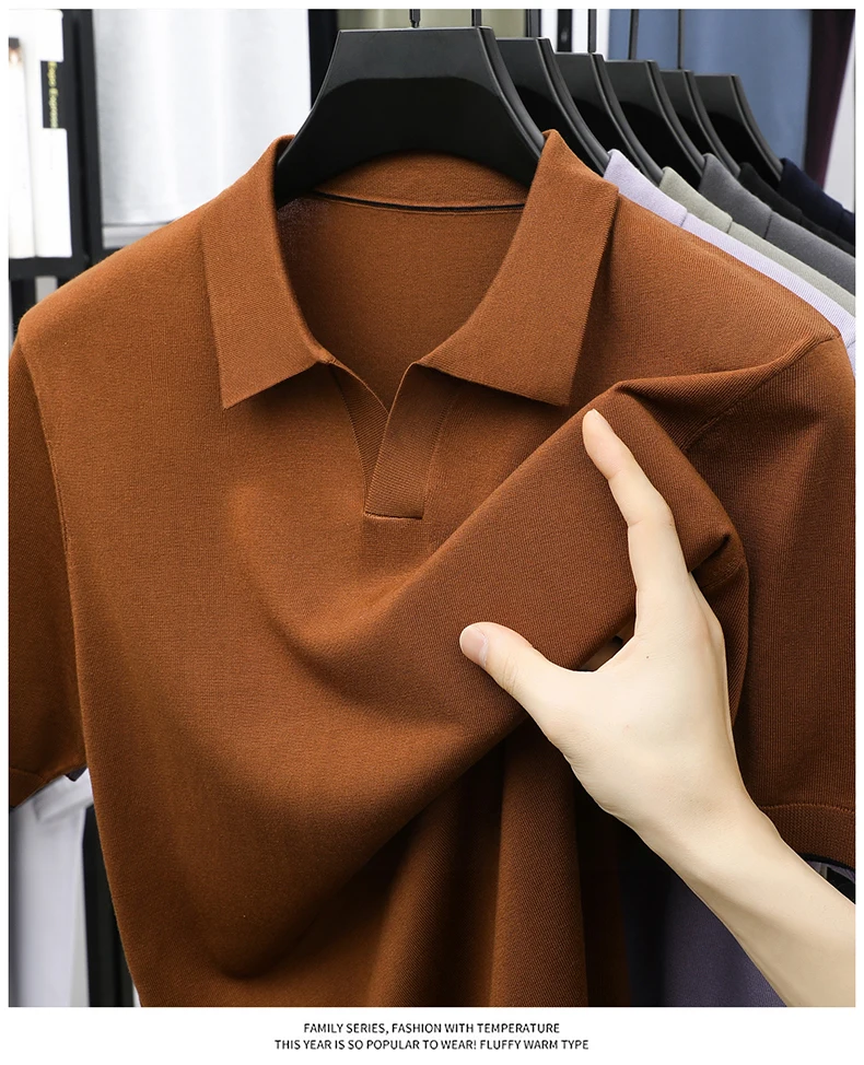 100% Lyocell Knitwear 2025 Men Spring Summer Trendy Turn Down Collar Knit Tees Short Sleeve Breathable Knit Tops