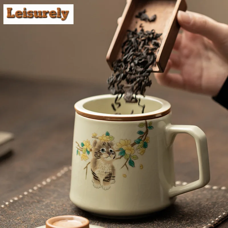 400ml Cute Cat Ru Kiln Porcelain Office Work Cup Antique Filter Tea Separator Cup Can Nourishing Personal Water Mug With Lid