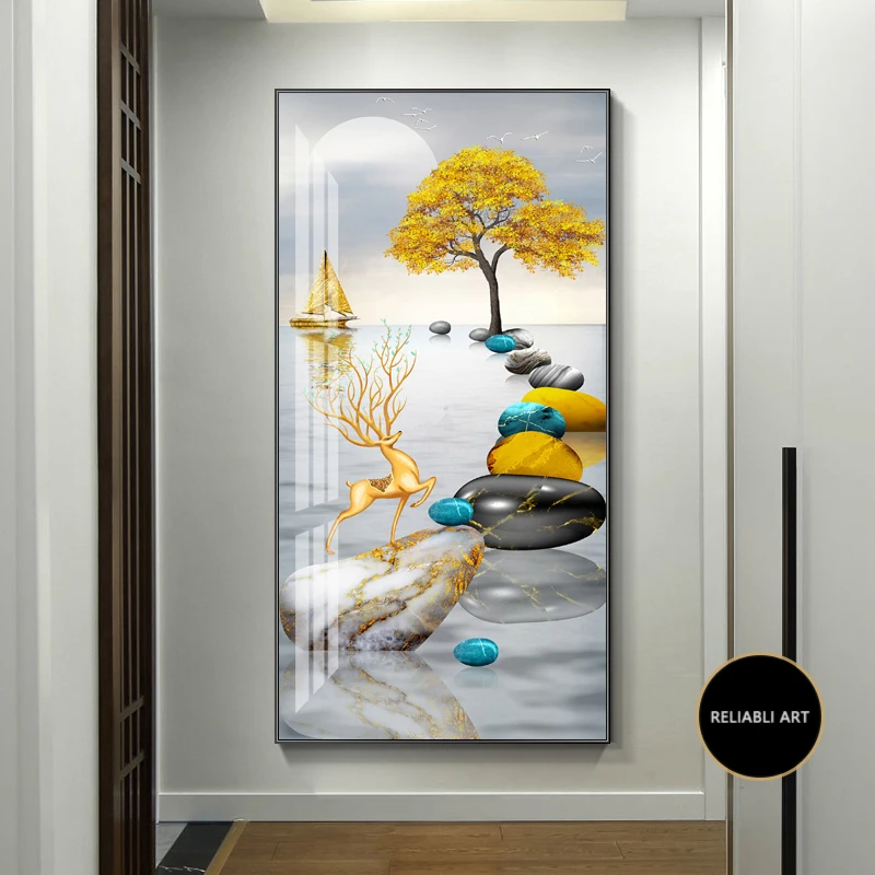 thumbnail image 1 of Nuevo lienzo de pintura de piedra zen dorada de Fengshui chino, arte de pared, carteles e impresiones de árboles ricos en oro para la decoración del hogar de la sala de estar, 1 of 5