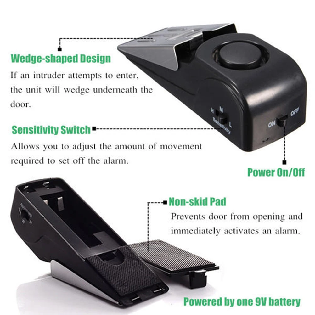 125DB Wireless Door Stop Alarm Stainless Steel 3 Sensitivity Level Sensor Wedge-shaped Portable Home Travel Security