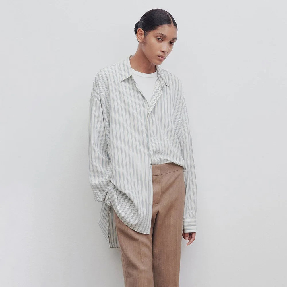 

2023 autumn and winter new mulberry silk silk striped casual shirt female simple lazy wind blouse