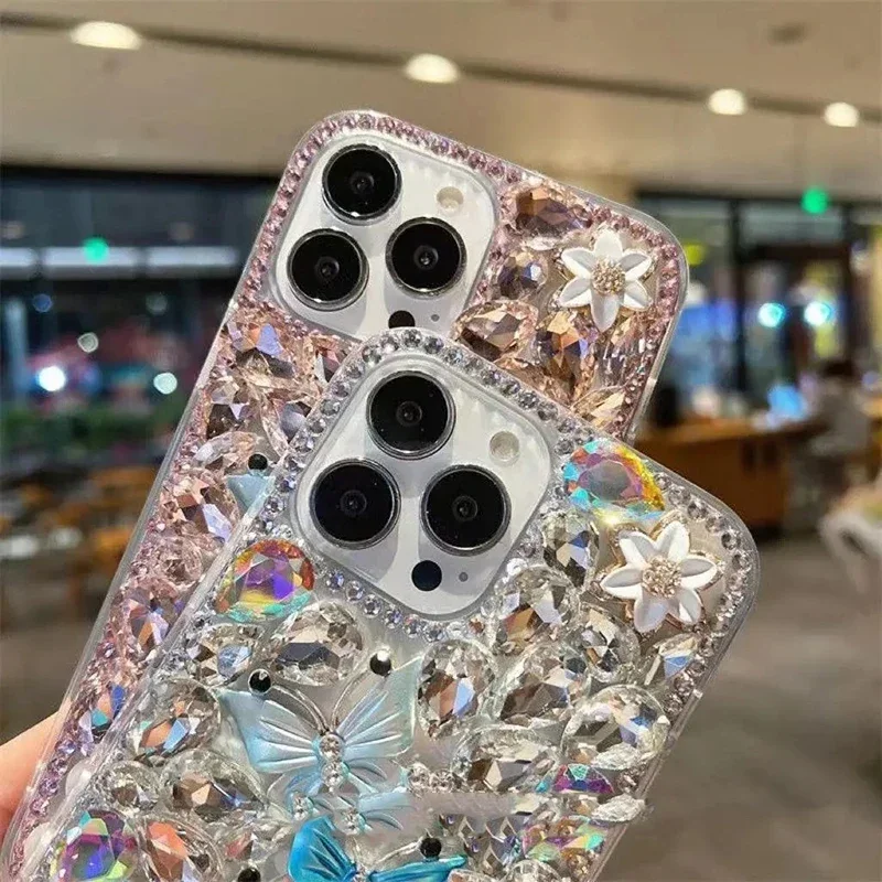 Luxury Manual Inlaid Rhinestone Butterfly Phone Case for Xiaomi Redmi 9A 9C Note8 9Pro Note10S Note11 Pro 12Pro Hard Cases