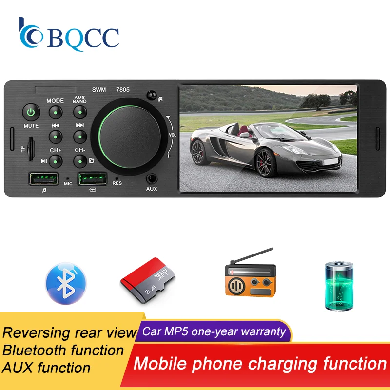 Radio para Auto BQCC 1 DIN de 4 Pulgadas con Botones, Luces de Colores, Bluetooth, Reproductor MP5 con Manos Libres, Carga USB, Control Remoto y Audio 1