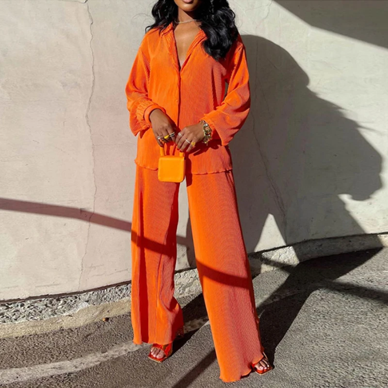 Women Casual Wide Leg Trousers Set 2023 New Sexy Solid Suit Two Pieces Outfits Office Lady Long Sleeve Lapel Jacket Coat Suits