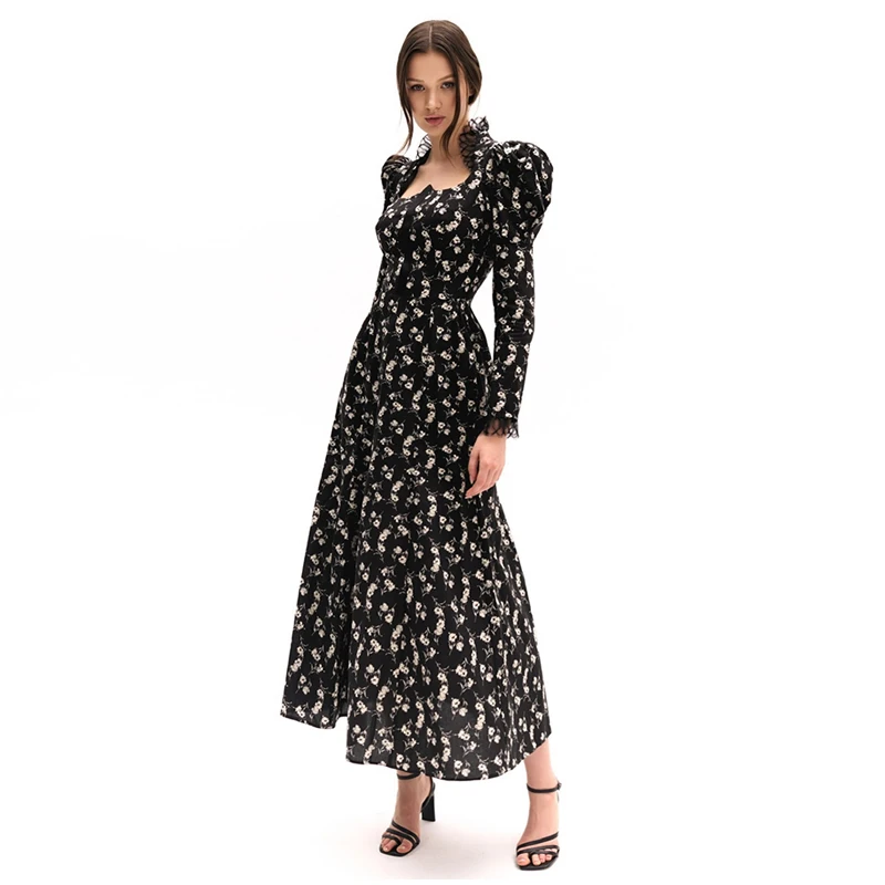 Vintage Floral Square Collar Long Dresses Women Elegant Puff Sleeve Lace Patchwork Maxi Dress Female Spring Chic Street Evening