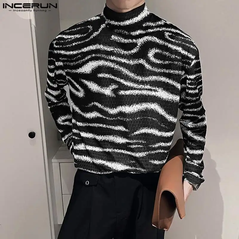 

Fashion Casual Style Tops INCERUN Men's Half High Collar Ripple Striped T-shirts Handsome Male Long Sleeved Camiseta S-5XL 2023
