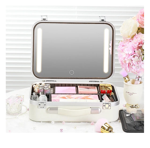 Organizzatore Trucco Con Specchio LED - Trousse Da Viaggio 3 Luci, Portatile Per Makeup E Gioielli (Bianco)
