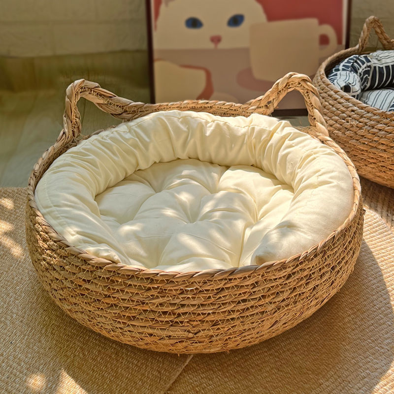 Ouzey Rattan Weaving Basket Pet Bed With Cushion Soft Warm Puppy Kitten Bed Donut Round Comfortable Sleeping House