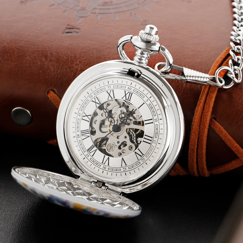 White Ceramic Exquisite Chinese Flower Pattern Silver Hollow Mechanical Pocket Watch Best Holiday Gift for Men and Women