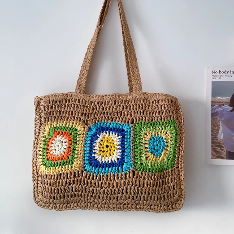 Ins Retro Pastoral Style Straw Bag Grandmother Plaid Woven Bag Large Capacity Shoulder Bag Holiday Wind Beach Bag