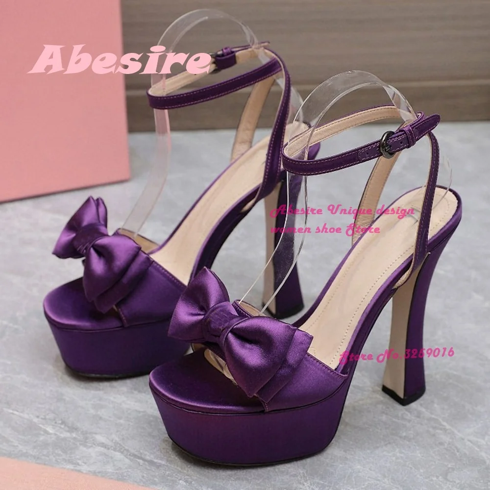 

Butterfly-knot Purple Platform Sandals Chunky Heels Open Toe Ankle Strap Women's Sandals Buckle Satin 2023 New Summer Party Shoe