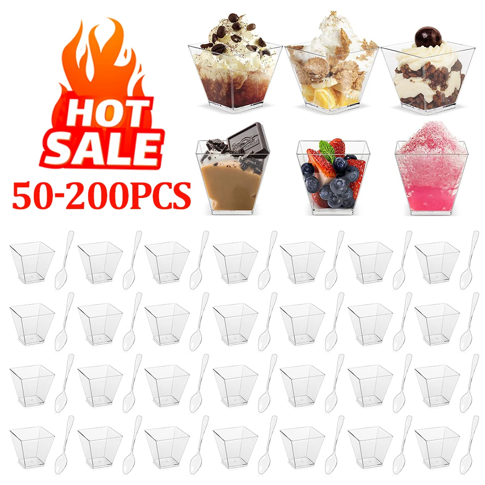 50-100P Square Dessert Cups With Spoon Set