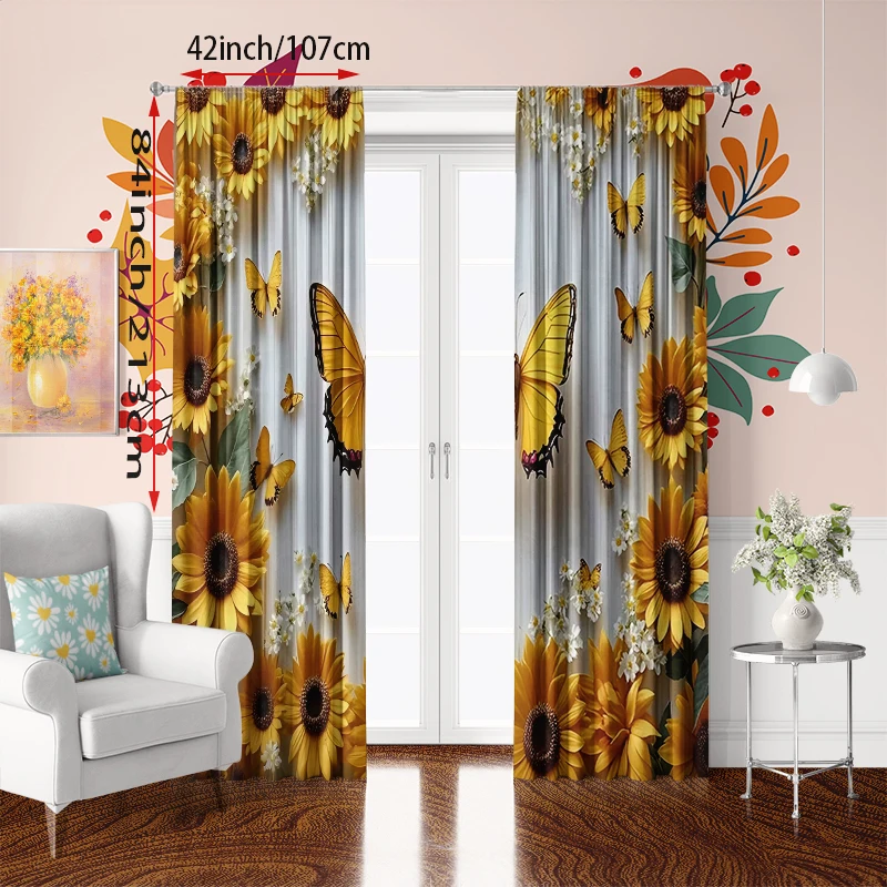 2pcs - Vintage Spring Art Curtains, Sunflower and Butterfly, suitable for, bedroom curtains, living room, kitchen, 3