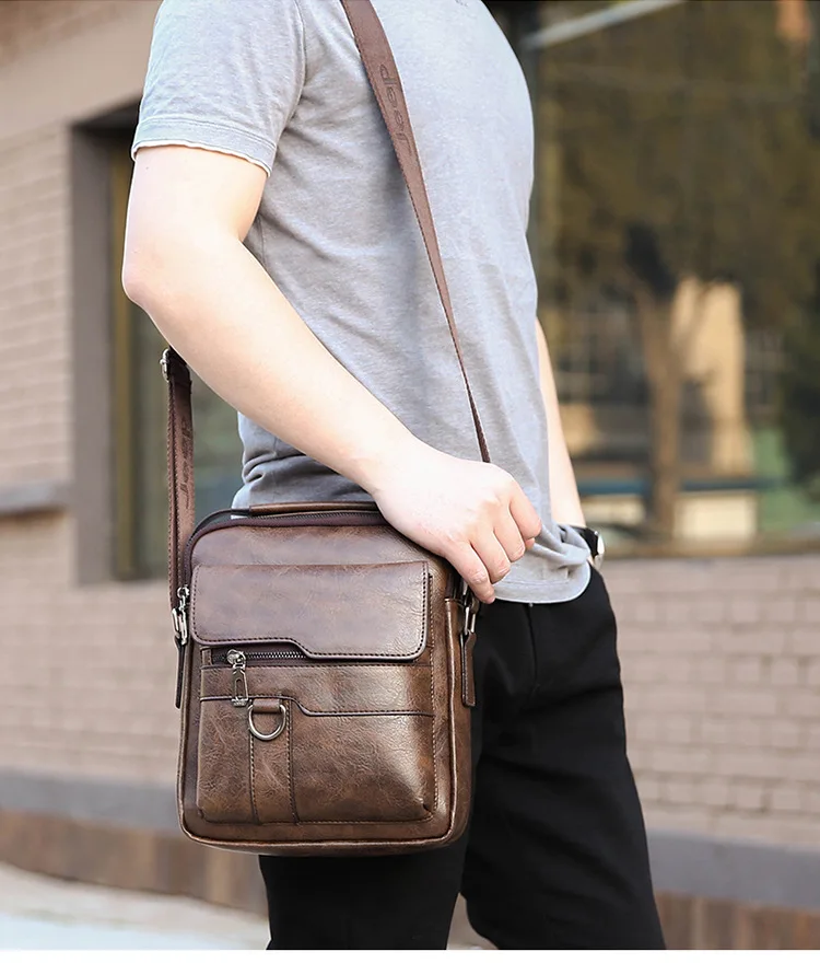 Men Shoulder Bag PU Waterproof Retro Business Fashion Handsome Multi Layered Divided Crossbody Large Capacity Handbags