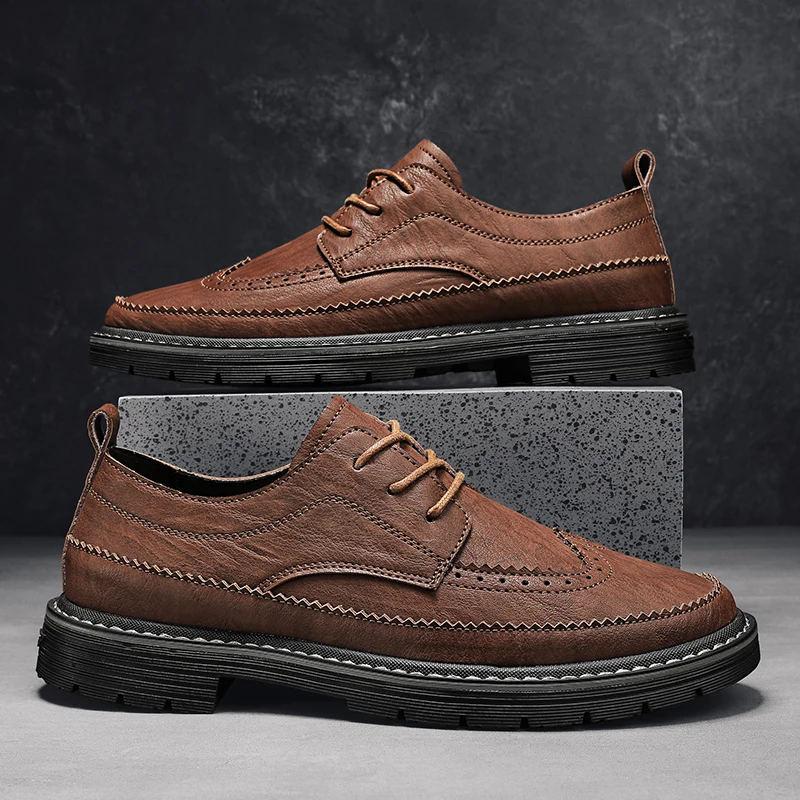 2023 New Business Men's Casual Flat Shoes Soft and Comfortable Pure Manual Sewing Lace Up Solid Color Fashion Walking Shoes