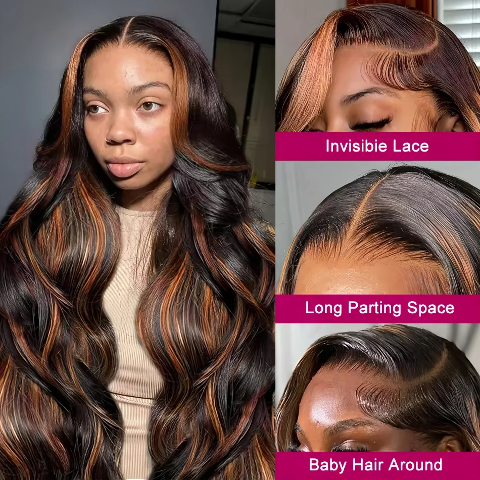 Highlight Body Wave 13x6 HD Omber Lace Front Human Hair Pre Plucked Wig 1B/30 Black Brown Colored Hair 13x4 HD Lace Frontal Wigs 4