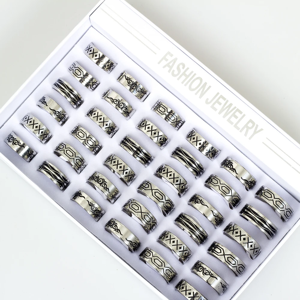 24 Pcs/Lot Vintage Hip Hop Stainless Steel Rings for Men and Women Black Printed Butterfly Geometric Fashion Jewelry
