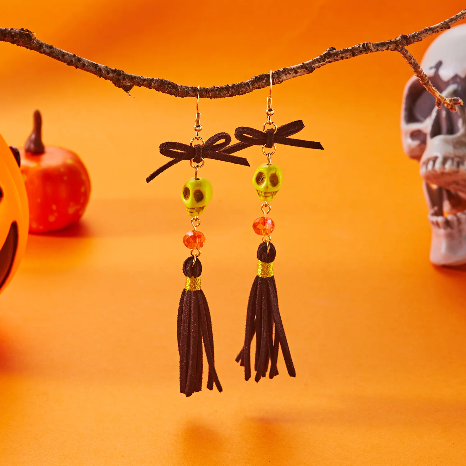Signature Halloween-Ohrringe mit Totenkopf-Quasten für Damen, lebendige bunte Perlen, Schleife, baumelnde Ohrringe, Party-Schmuckzubehör – Detail 11