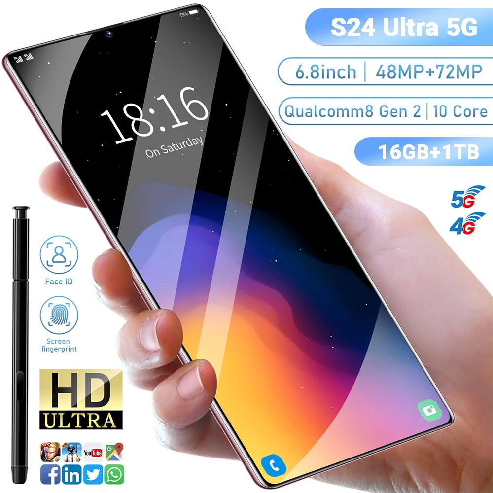 

Hot S24 Ultra HD Smartphone Celulares 7.0 inch Global Version 16G+1T 6800mAh 72MP 4G 5G Network Cell phone Android Mobile Phones
