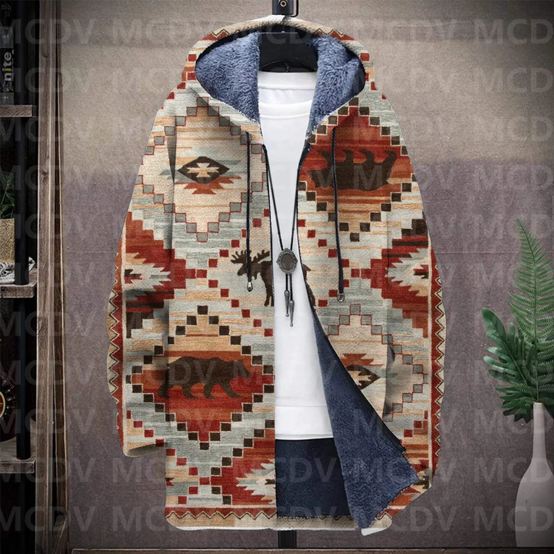 Men's Retro Totem Print Plush Thick Long-Sleeved Coat Fleece Hooded Overcoat Unisex Thick Warm Jacket