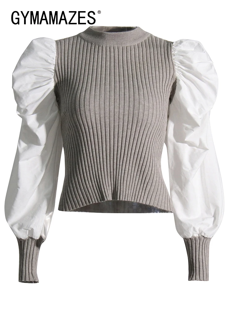 

GYMAMAZES Slim Sweaters For Women Round Neck Puff Long Sleeve Colorblock Patchwork Knitting Sweater Female Autumn Fashion Casual