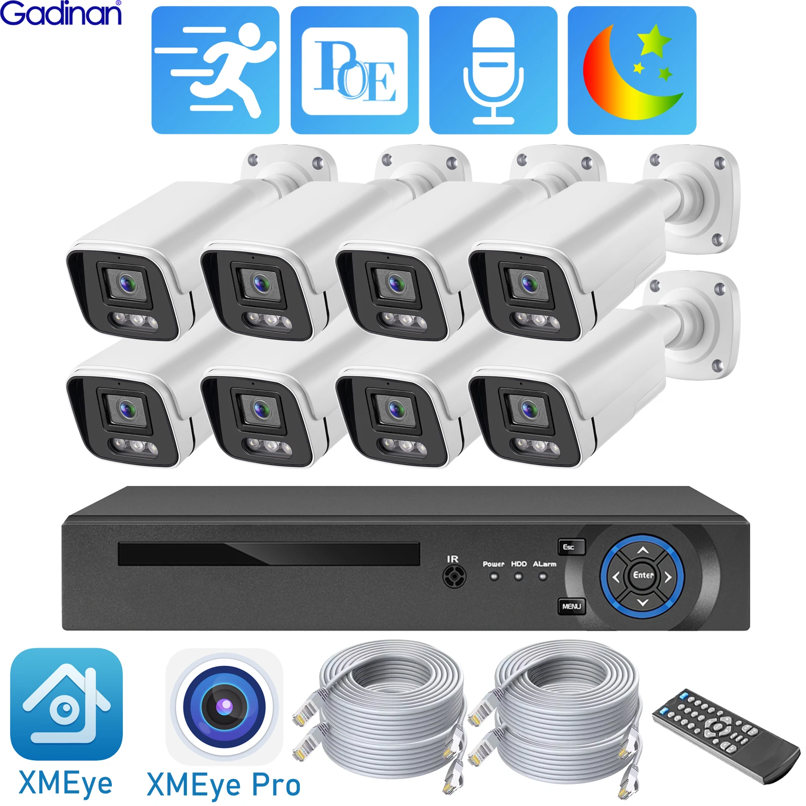Gadinan 8CH 4CH 8MP 4K POE Security Camera System NVR Kit CCTV Outdoor Audio IP Camera H.265 P2P Video Surveillance Set XMEye 1