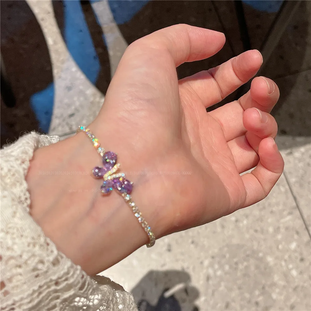 여성용 매력 팔찌, 보라색 나비, 지르코니아 보석, 샤인 크리스탈 뱅글, 파인 쥬얼리, 파티 액세서리