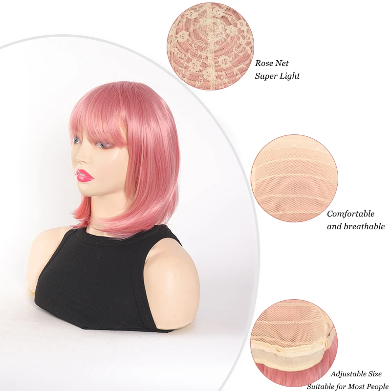 Short Pink Bangs Straight Hair Ladies' Bob Wig Colorful Synthetic Wig Super Soft and Easy to Wear Suitable for Halloween Cosplay