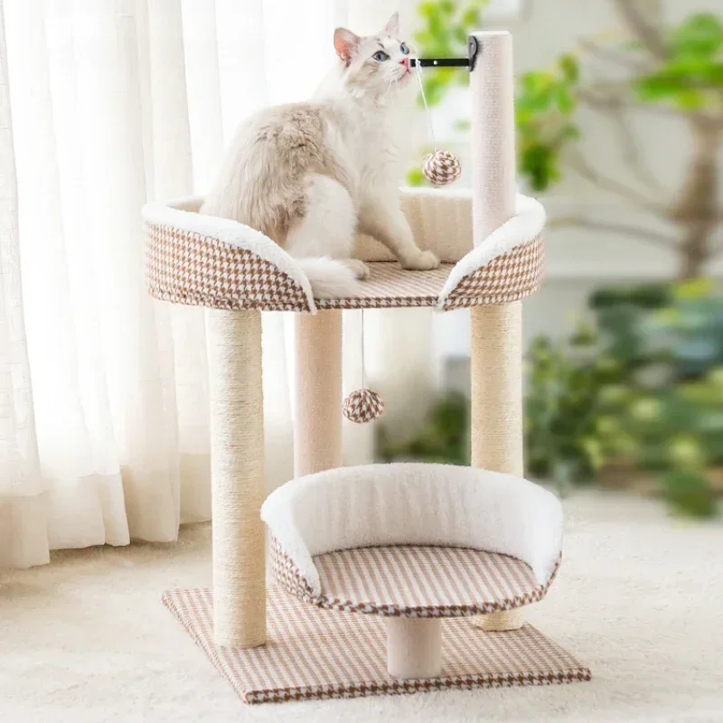 

Natural Sisal Hemp Plaid Pattern Cat Climbing Frame Double Layer Cats Scratcher Luxurious Velvet for Kitten Tree Small Pet Toys