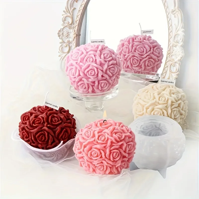 2pcs Scented 3D Rose Ball Candle Soap Making Mold - Flexible Silicone Round Ball Pendulum Table DIY Creative