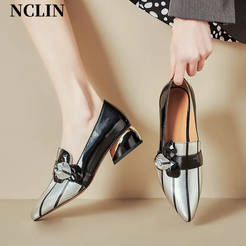 

Spring/Summer Split Leather Women Shoes Chunky Heel Pointed Toe Shoes For Women SLIP-ON High Heel Loafers Pumps Zapatos De Mujer