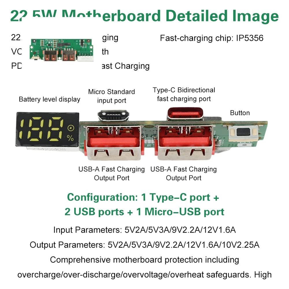 PD 22.5W Ricarica rapida Scheda madre Accumulatori e caricabatterie di riserva Modulo fai da te PD/QC/VOC Tipo C USB Micro USB Batteria al litio Scheda caricabatterie rapido - Image 2