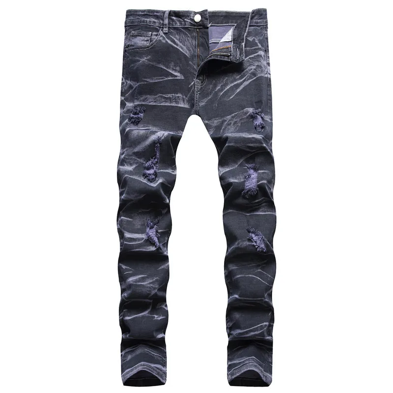 

men's jeans cotton streetwear Punk high street calca rock ripped printed mens slim jeans