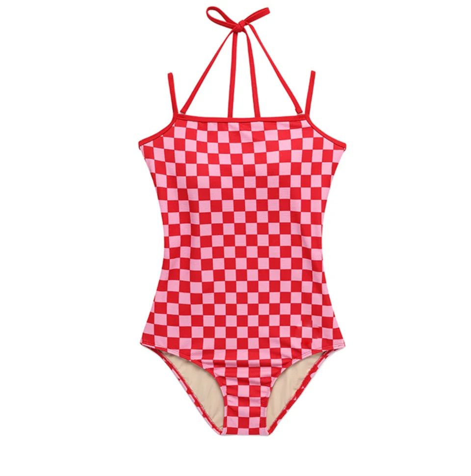 Push Up Swimsuit  Women’s One Piece Plaid Swimwear Square neck Bathing Suits Sexy Monokini Beachwear Swimsuits for Woman in red Plus size Womens vacation Korean Style