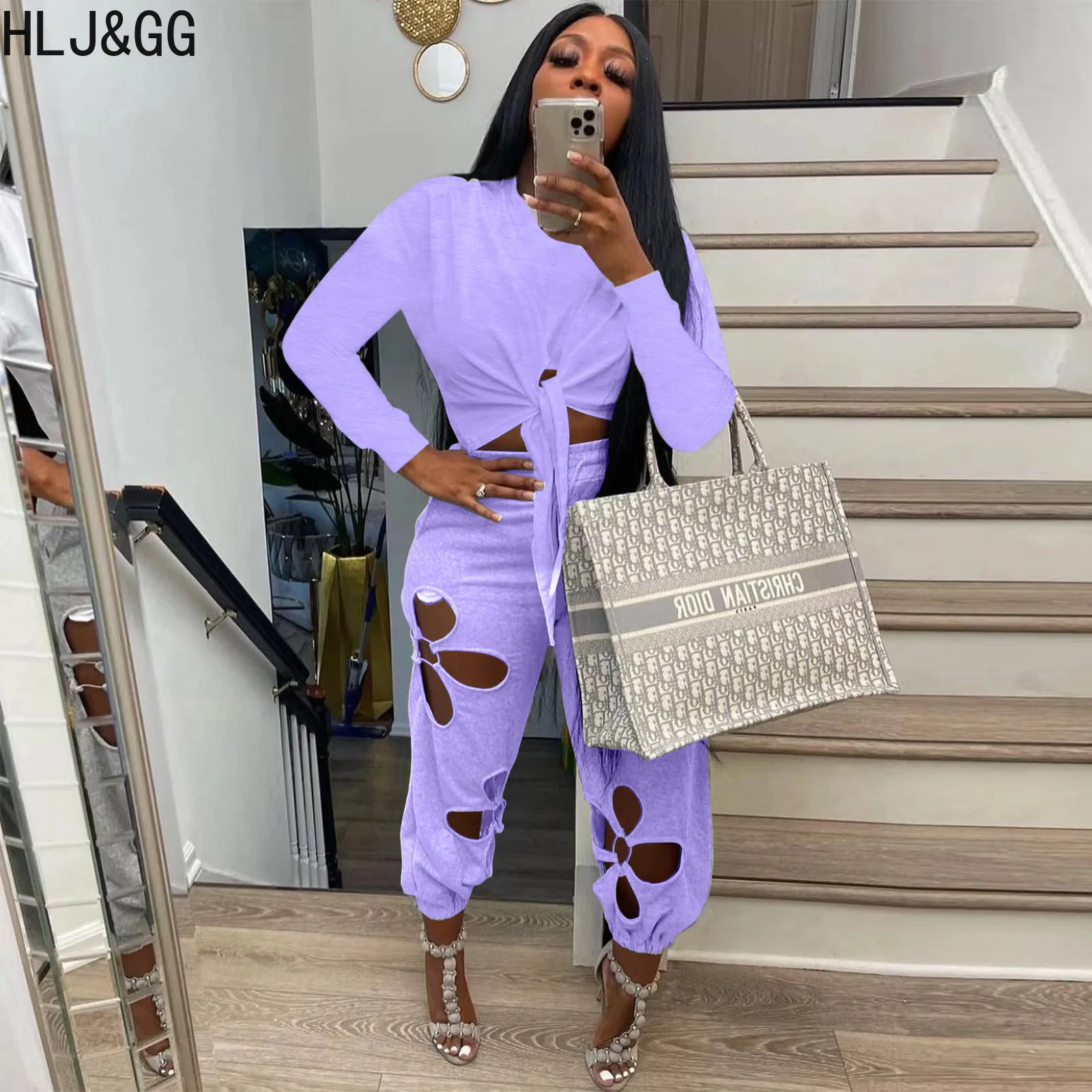 HLJ&GG Casual Hole Jogger Pants Sets Women Round Neck Long Sleeve Pullover+Pants Two Piece Tracksuits Female Sporty 2pcs Outfits