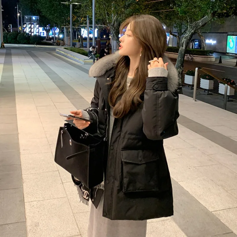 2023 New Women Down Jacket Winter Coat Female Mid Length Version Parkas Loose Thick Warm Outwear Hooded Fur Collar Overcoat
