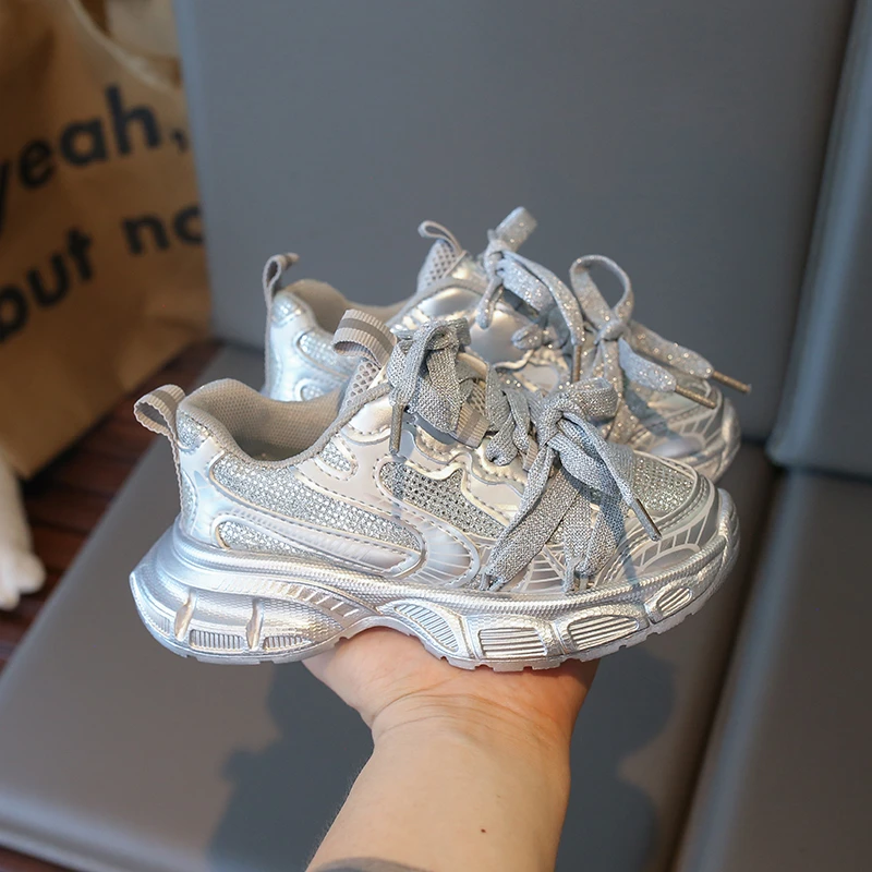 Silver Mesh Kids Chunky Sneakers Breathable School Sports Shoes