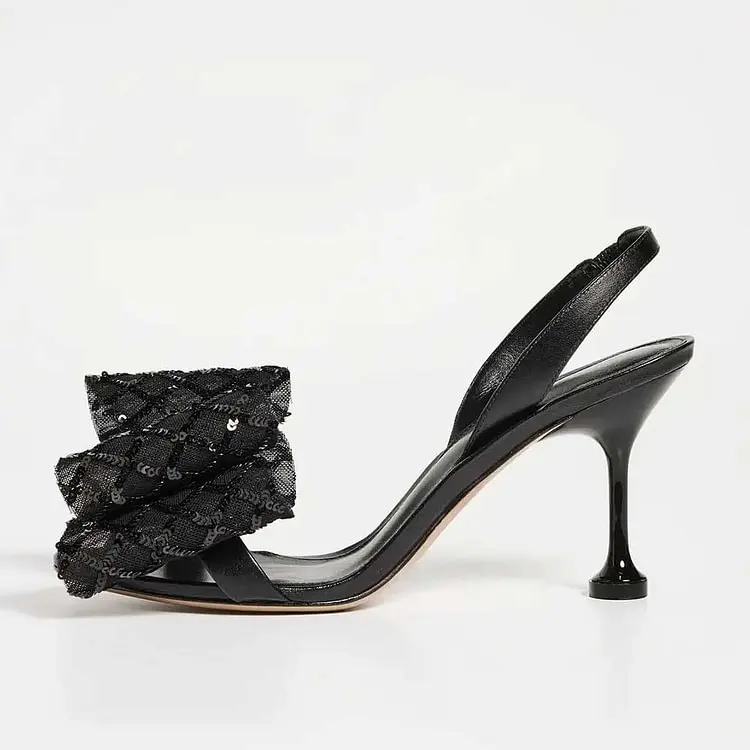 

Black Tulle Bow Sequin Embellished Open Toe Slingback Heeled Sandals