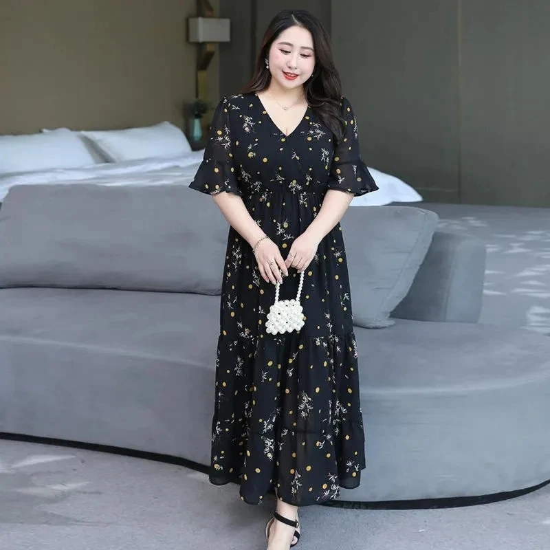 

Женское элегантное платье, лето 2024, модное свободное пляжное пикантное платье с высокой талией, V-образным вырезом, длиной до щиколотки, изящным цветочным принтом