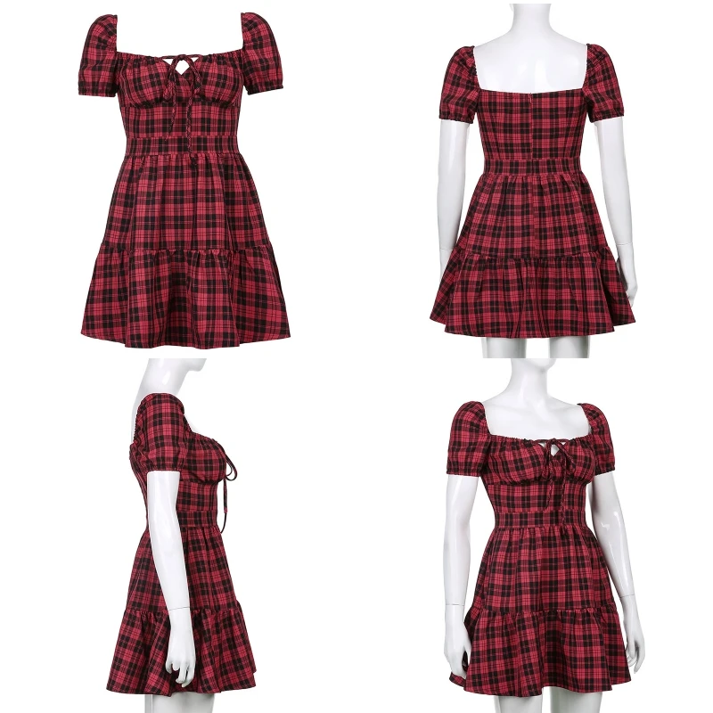 

Women Gothic Punk Puff Short Sleeve Plaid Print Mini Flowy Dress Harajuku Sexy Square Neck Lace-Up Front High Waist N7YF