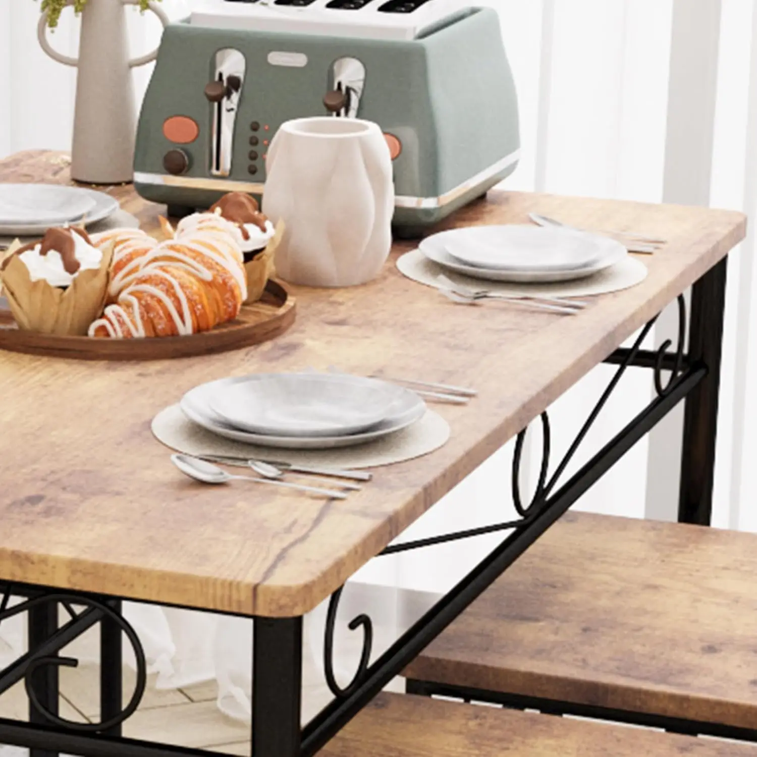 Dining Table Set of 4, Retro Industrial Dining & Chairs, Wood Chairs Set ,1 Table + 4 Chairs (Rustic Brown)