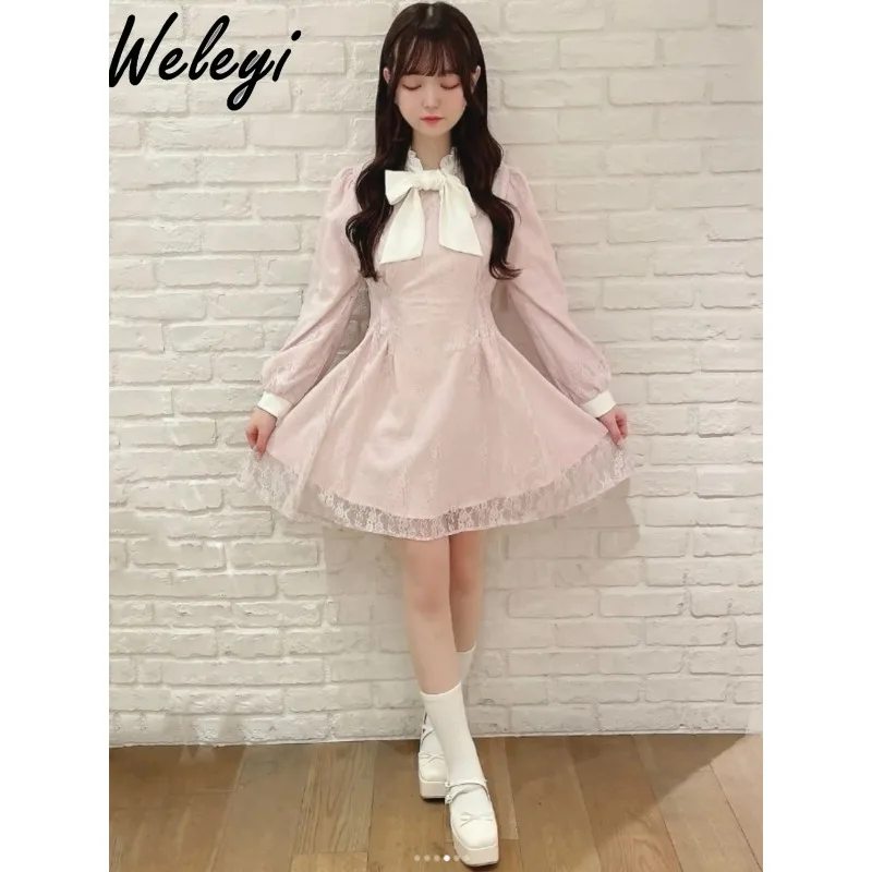 

Japanese Sweet New Lace Dress Women's 2024 Spring and Autumn Cute Bow Lace Up Long Sleeve A Line High Waist Elegant Midi Dresses