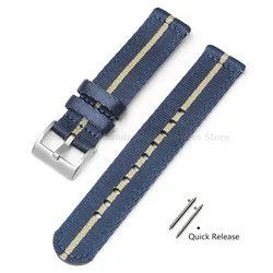 Premium Woven Nylon Watch Band with Quick Release and Stainless Steel Buckle - 20mm (Darkbluebeige - silver)