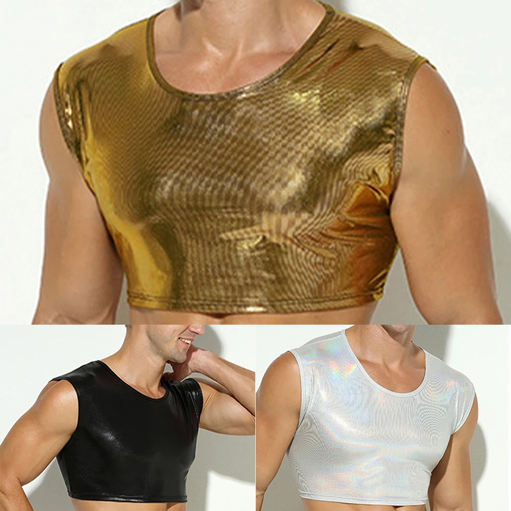 Description Picture 2 of itemMen Tops Men Sexy Shiny Singlets Summer Tee Top Vest Wet Look Comfortable Crew Neck Cropped Tank Tops Brand New